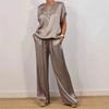 Women's Loose Fit Satin Two Piece Set Short Sleeve Top Wide Leg Pants Outfit Suit