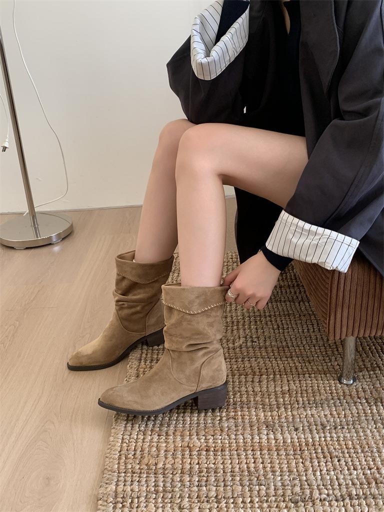 DAPAISHOW Coarse Heel Suede Pile Boots Medium Boots Martin Boots Women's Boots Coffee Maillard Skinny Boots Short Boots