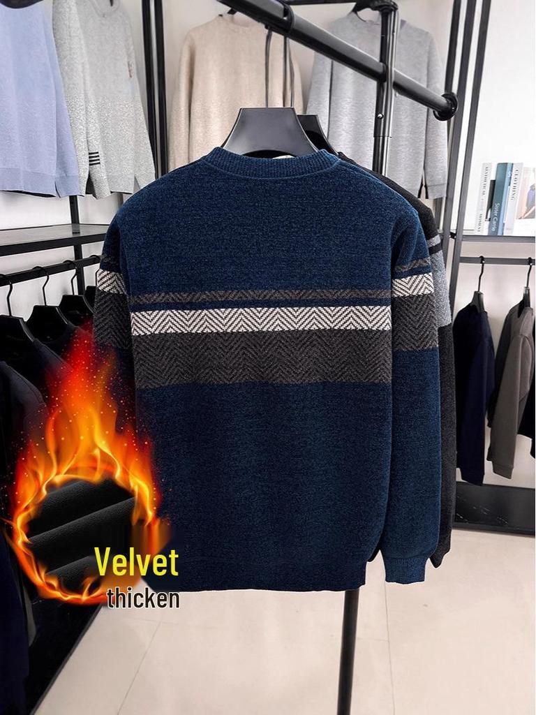 Winter Men's Plus Velvet Striped Round Neck Knit Sweater: Thick, Casual, Fashionable Trend.