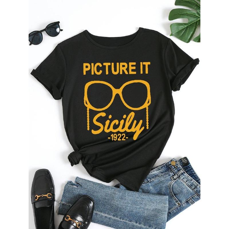 European Size Plus Size Women's Casual Crew Neck T-Shirt, Printed with "Picture It Sicily 1922", Spring Summer Autumn Short Sleeve Loose Top