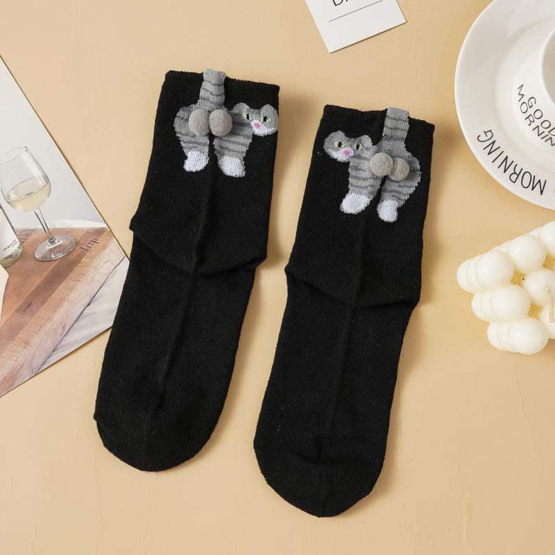 Cartoon Cat Egg Socks Soft Breathable Cute Mid Tube Cotton Socks 3D Cat Egg Balls Unique Design Trendy Funny