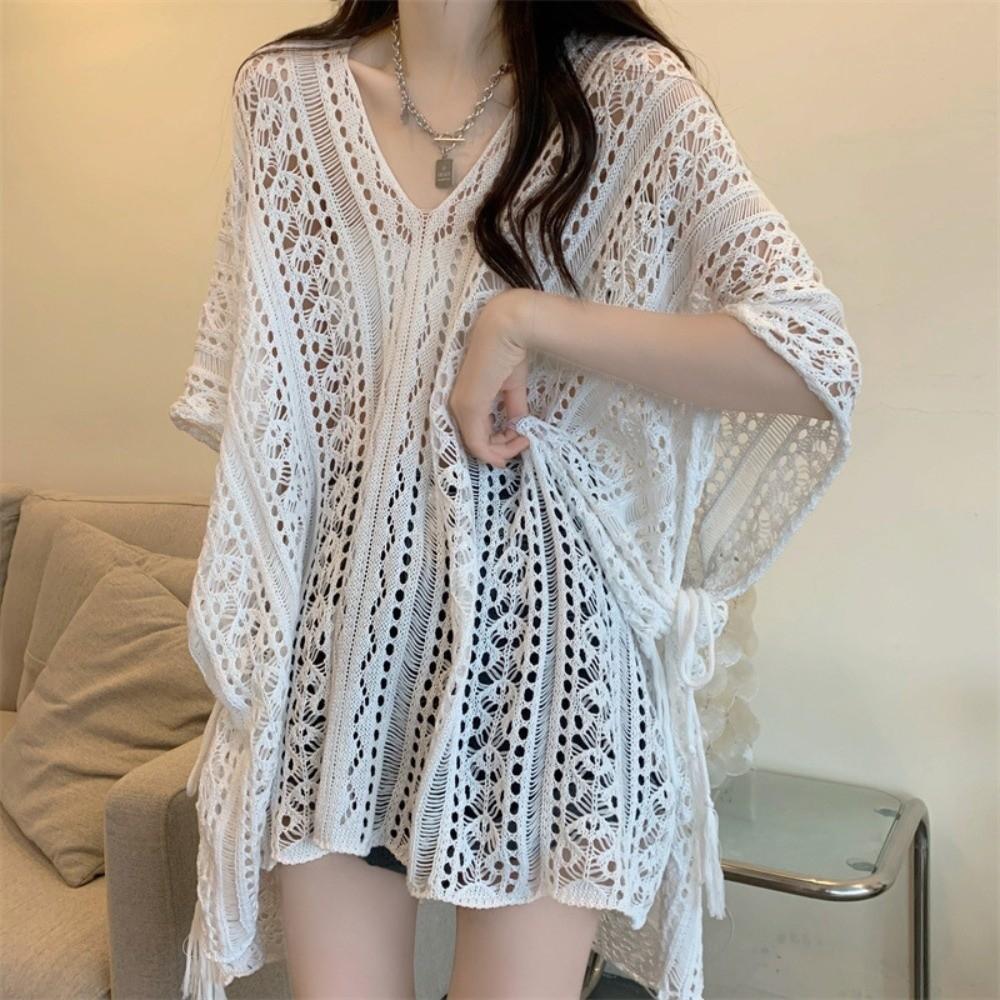 Oversized Knitted Bikini Cover Up V-neck Beach Wear Hollow Out Swimsuit Cover Up  Streetwear
