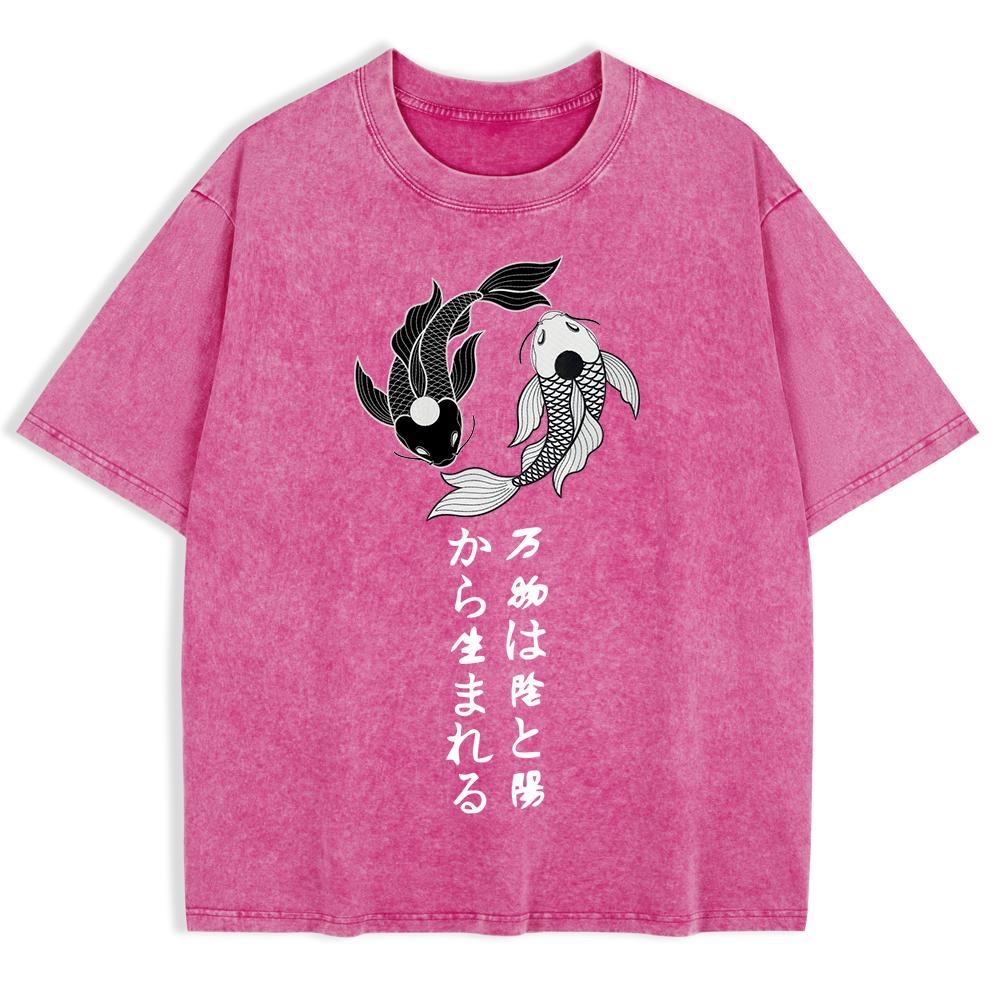 Japanische Koi Harajuku Bedruckte Gewaschene T-Shirts Herren Baumwolle Kurzarm Oberteile Lässig O-Ausschnitt Übergroßes T-Shirt Kleidung