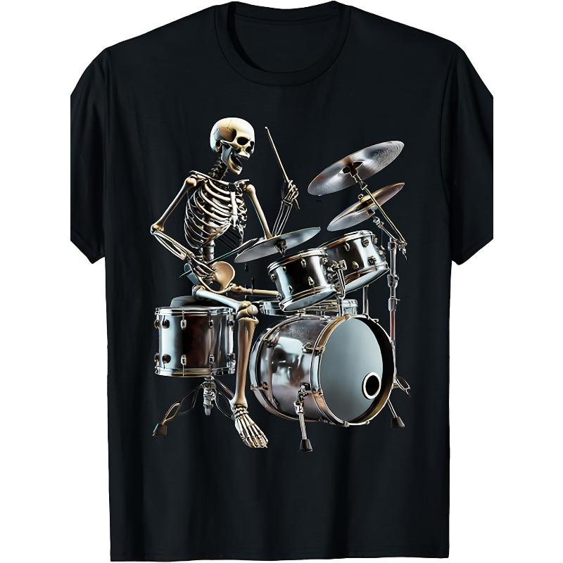 

European sizes Men S Vintage Gothic Rocker Skeleton Drumming Graphic T-Shirt Tee with Skull Drummer Print, Round Neck Short Sleeve for Halloween, 4XL чорний