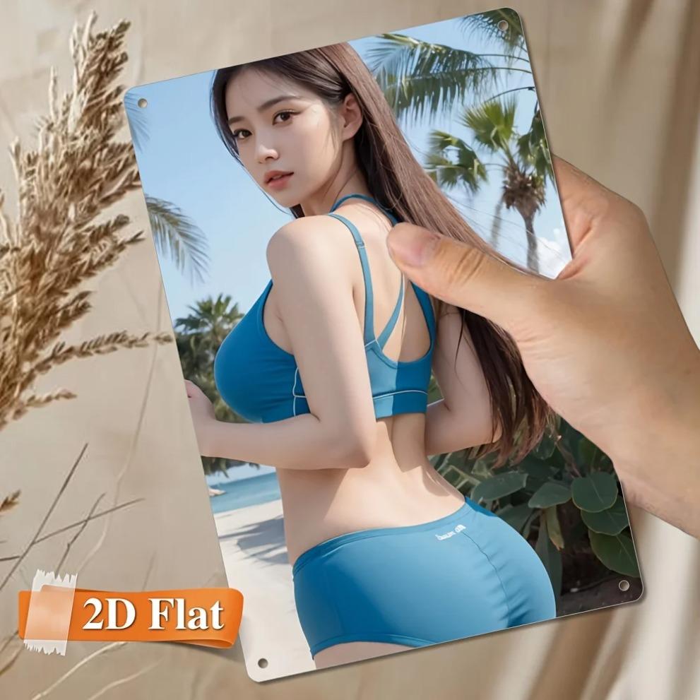 Hisun Blechschild HD Metallblechschild Atemberaubendes Asiatisches Mädchen im Blauen Sportlichen Bikini Retro Metallschild Wandkunst für Poolbereich Dekor x Zoll