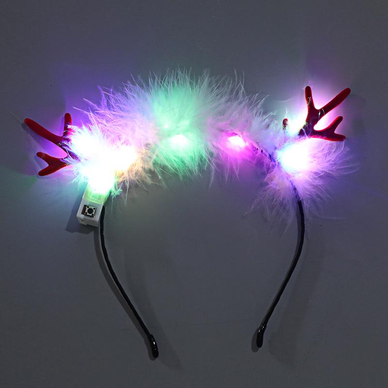 

Luminous Christmas Antler Headband with Warm Lights and Feathers