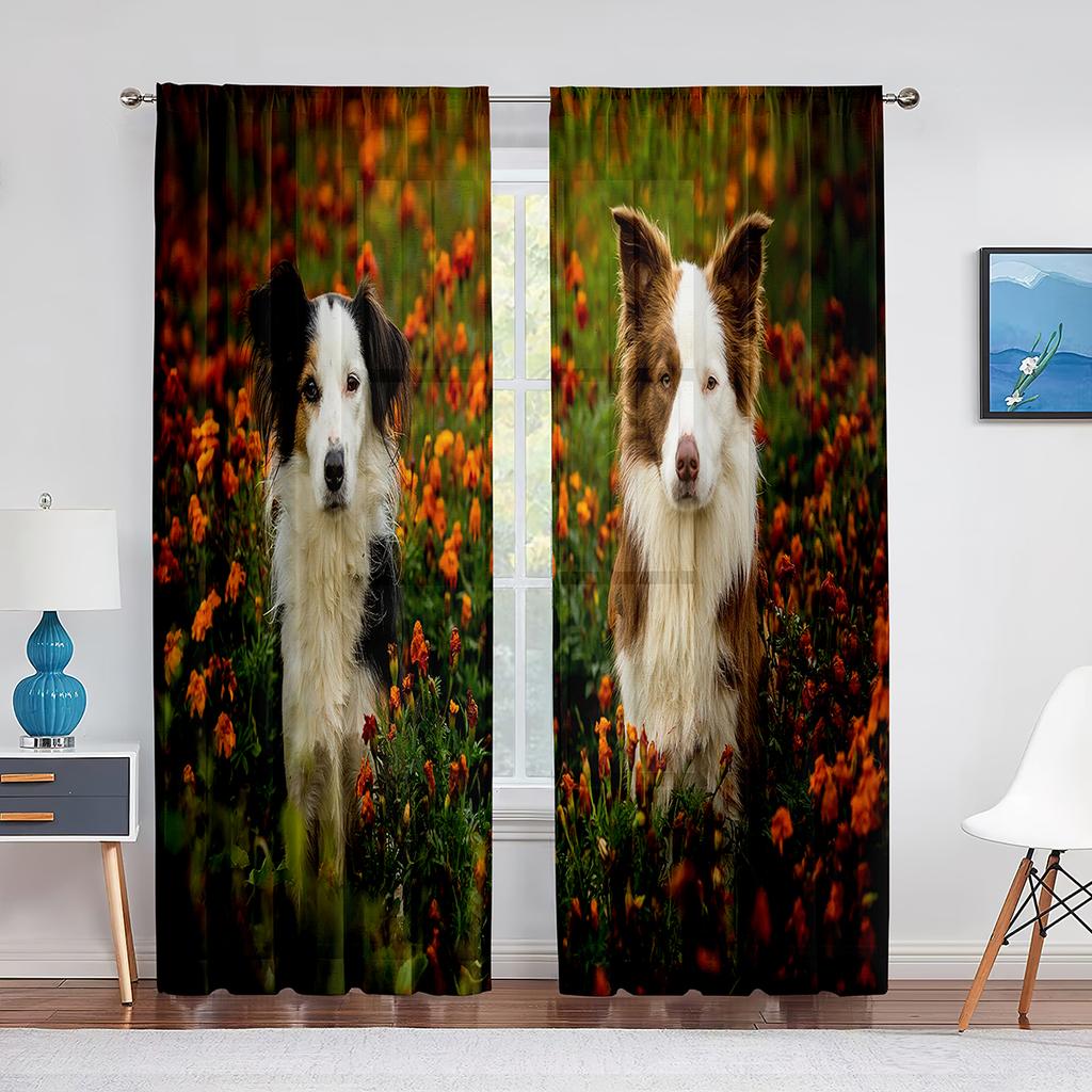 Animal Dog Australian Shepherd Lays In Pink Flowers Tulle Curtains for Living Room Bedroom Decor Transparent Sheer Voile Curtain