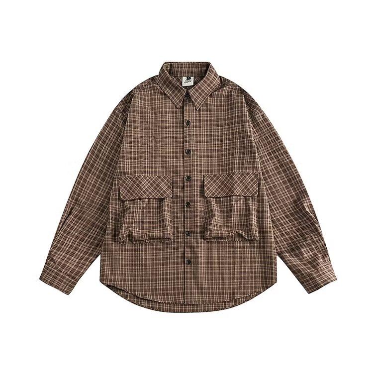 Japanese-Style Retro Large Pocket Plaid Long-Sleeved Shirt Men and Women Vintage Multi-Pocket Couple Contrast Color Shirt Coat