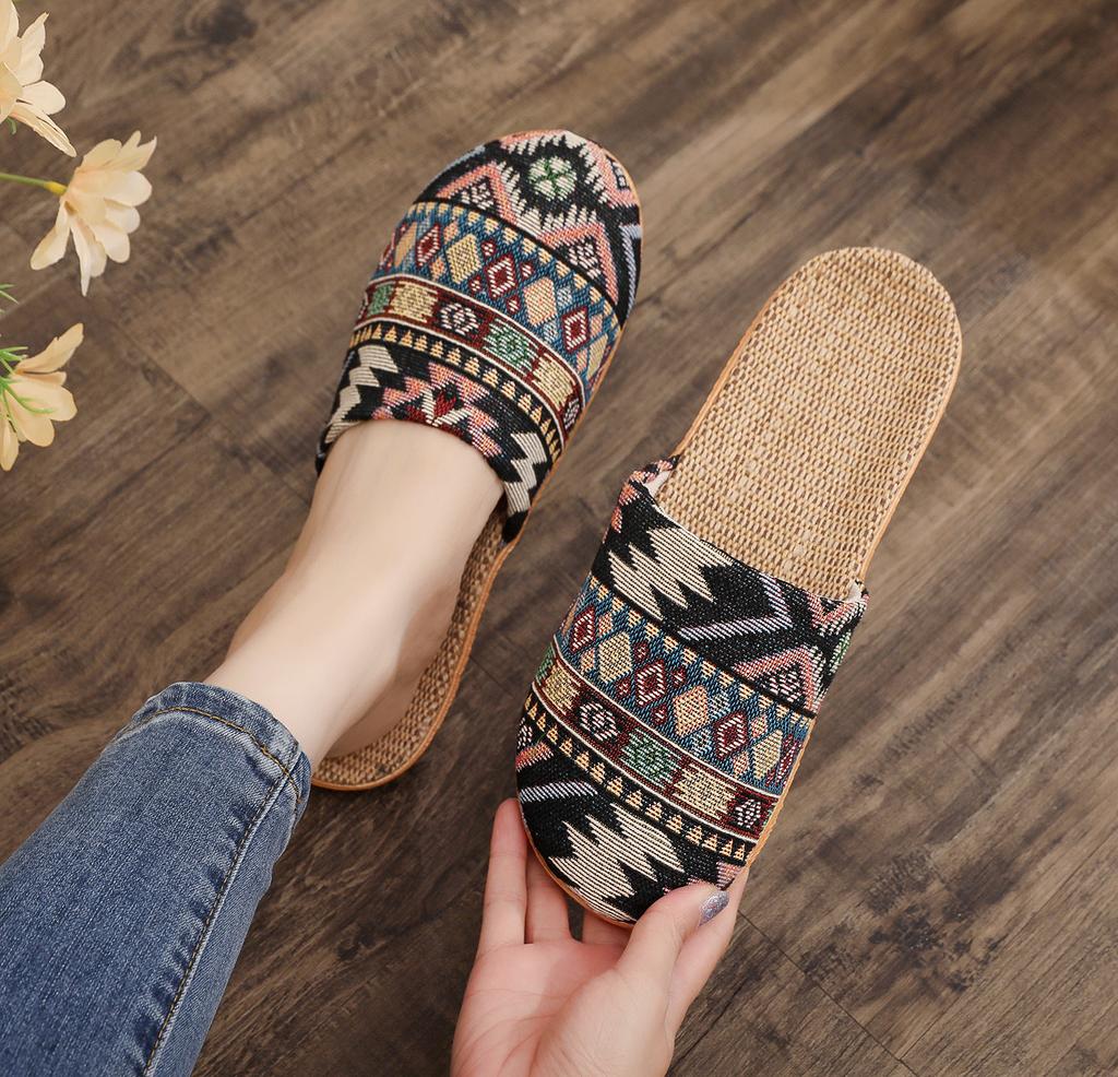 Ethnic Style Rhombus Bag Head Slippers Women's New Cloth Large Size Slippers Wholesale Linen Couple Comfortable Cotton and Linen Home