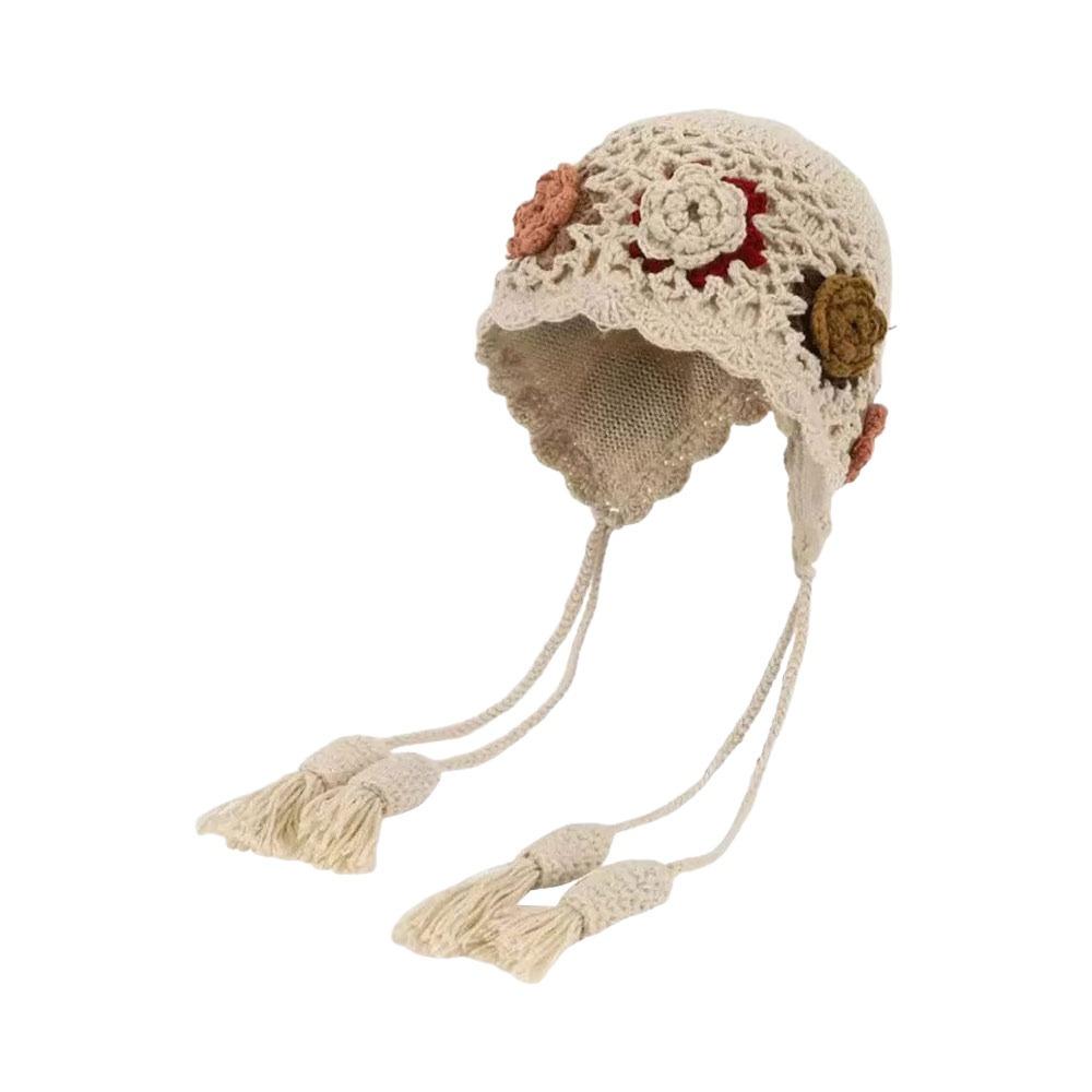 Tassels Crochet Knitted Hat Hollow Out Windproof Ear Protection Hat Bohemian Style Handmade Craft Korean Weave Cap
