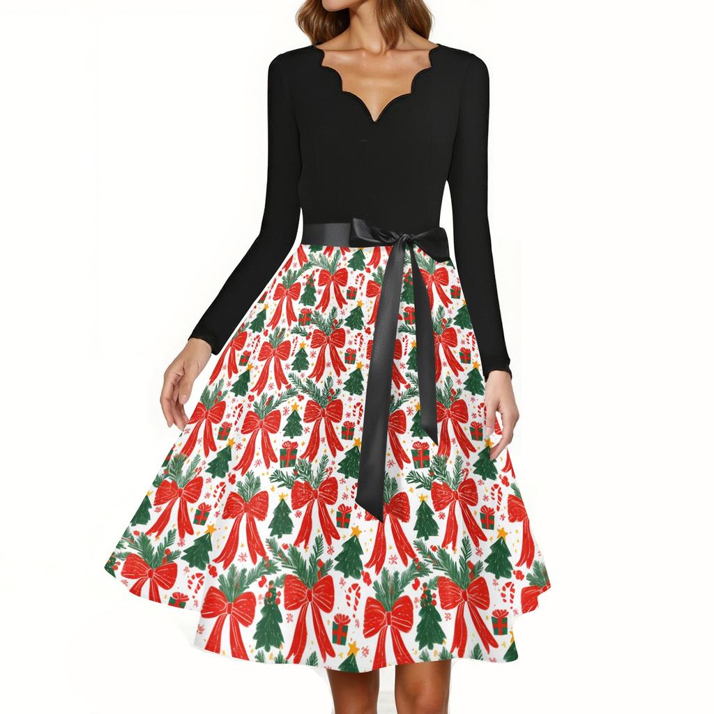 Women's Casual Christmas Print V-Neck Vintage Dress for Holiday Parties and Everyday Wear