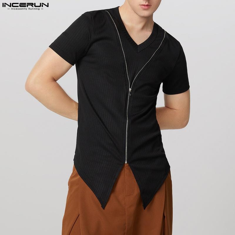 

INCERUN Мужские футболки с V-образным вырезом, коротким рукавом, разрезами по низу, молнией, повседневные, летние, в рубчик S