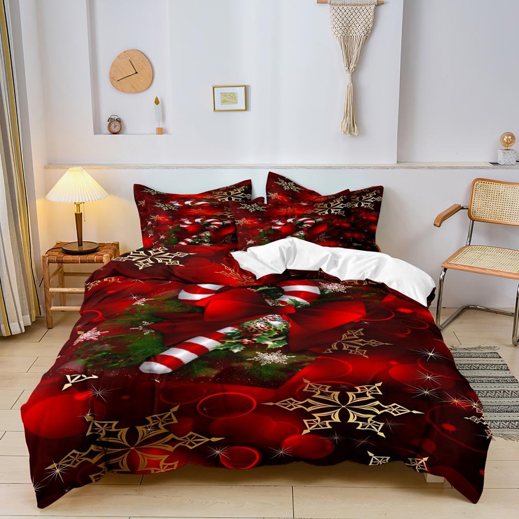 3pcs Down Elk Snowflake Christmas Theme Square Grid Quilt Cover Set Soft Microfiber Checkered Bedding Bedroom Decor