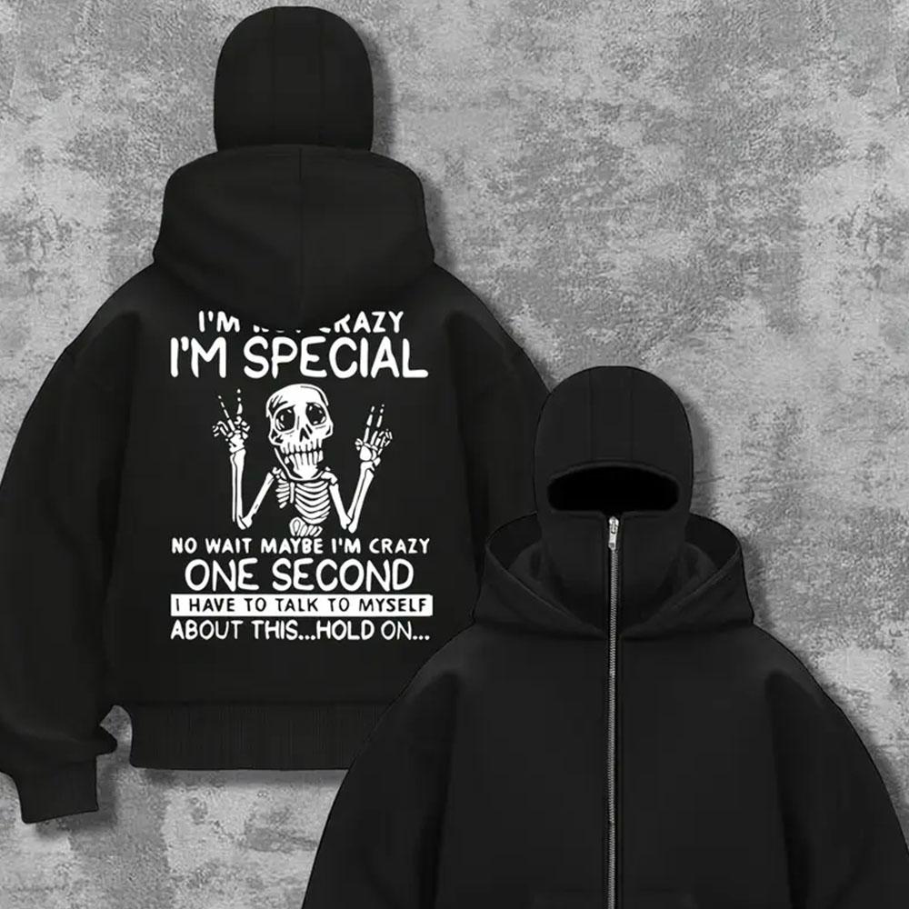 Men's Cool Skull Pattern Hoodie Fashionable Casual Retro Street Style Cool Double Hat Zipper Jacket Horror Style Top