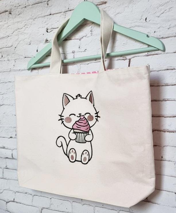 Shopper Bag with Embroidery Cat with Cupcake LB788 NeedleWoman Beige (39681008)
