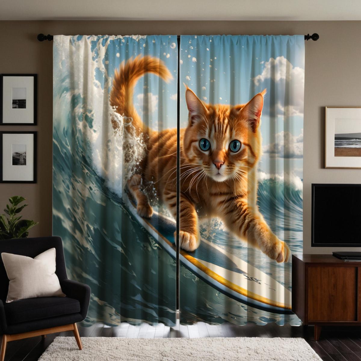 

2 штуки шторы высокой четкости с изображением плавающего кота, декоративные шторы, синие шторы с цифровой печатью, стиль домашнего декора W52H63inchW132H160cm