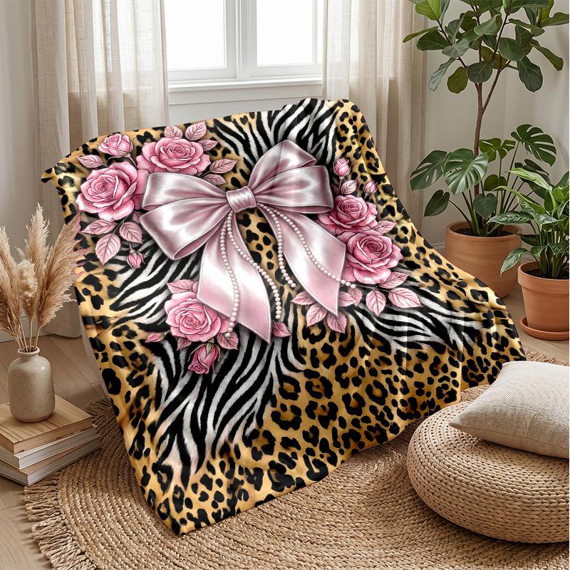 Pink Roses and Bow on Animal Print 1 Theme blanket Lightweight Warm Flannel Blanket Decorative Throw Blanket for Home Decoration