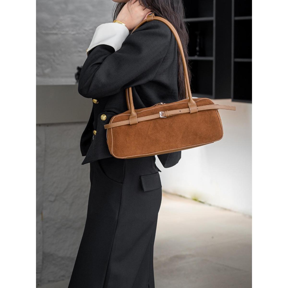 

Vintage matte cowhide baguette bag 2025 autumn and winter new suede Boston bag genuine leather shoulder handbag women 32*10*16cm