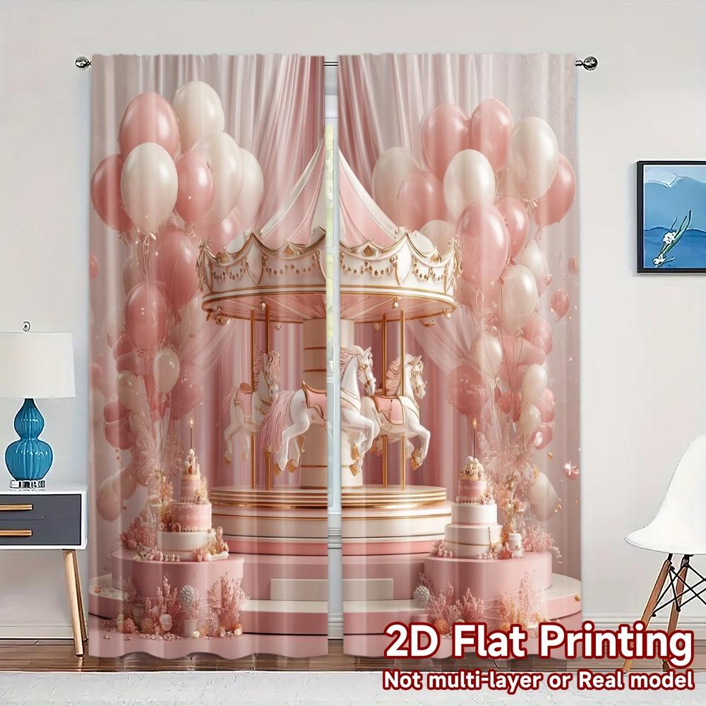 

Set Of 2 Flat Printing Curtains Without Rod Carousel Bliss Chic Curtain Versatile Polyester Home Decor Made W100*H70(CM)-Grommet top&2PCS