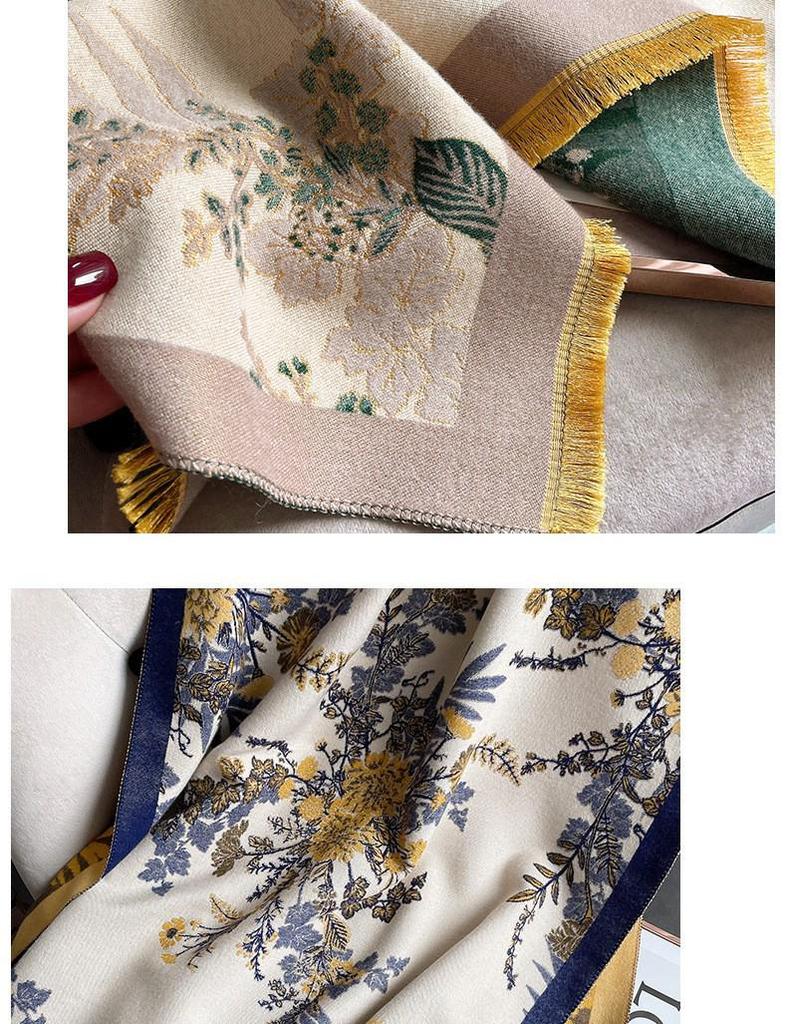 Elegant Faux Cashmere Floral Shawl - Thick Warm Winter Tassel Scarf
