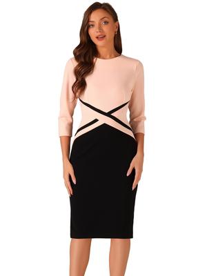 Allegra K Casual Sheath Dress, Pencil Print, Contrast Color, 3/4 Sleeves, Bodycon Dress, Business Dress, Pink, Size M