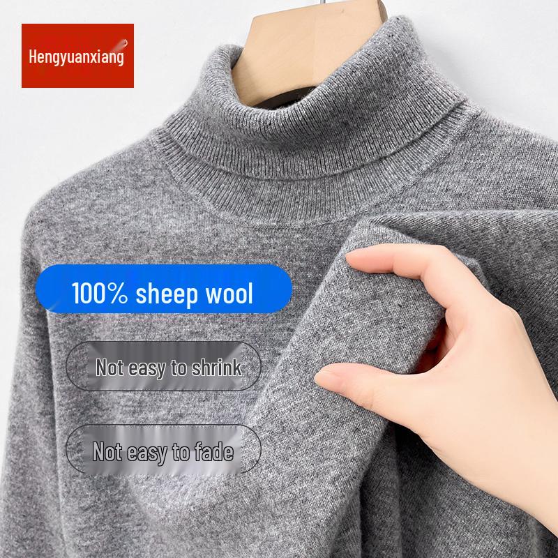 Hengyuanxiang Men's 100% Pure Wool Pullover, Round Neck, Thickened Winter Sweater for Middle-Aged Dads.