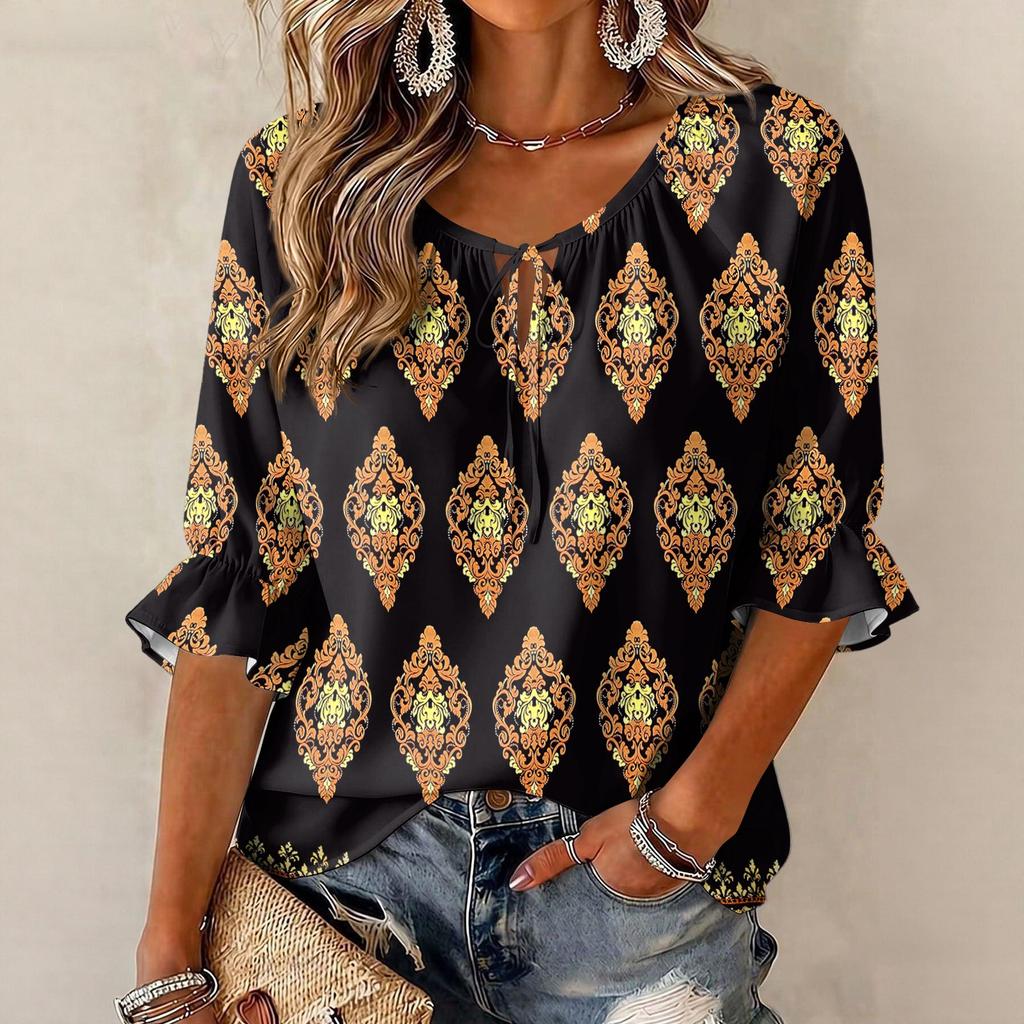 Women's Vintage Floral Print Blouse with Tie Neck and Ruffle Three-Quarter Sleeves