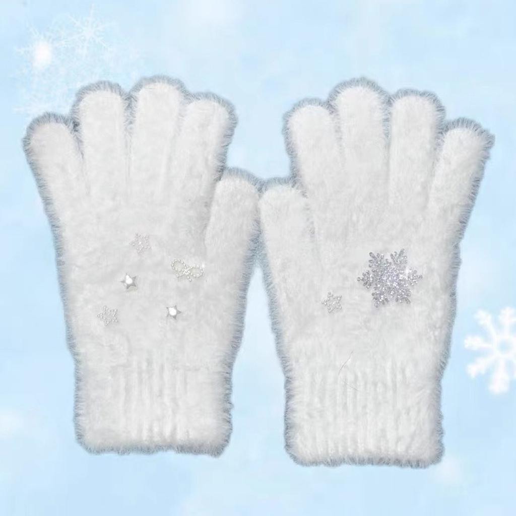 Snowflake Full Finger Gloves for Women Fashion White Short Gloves Cashmere Like Gloves for Teens Girl Casual Hand Warmer