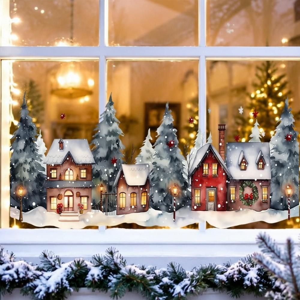 2D Flat Pattern Christmas Village Window Stickers Snowy Town Window Cling Winter Season