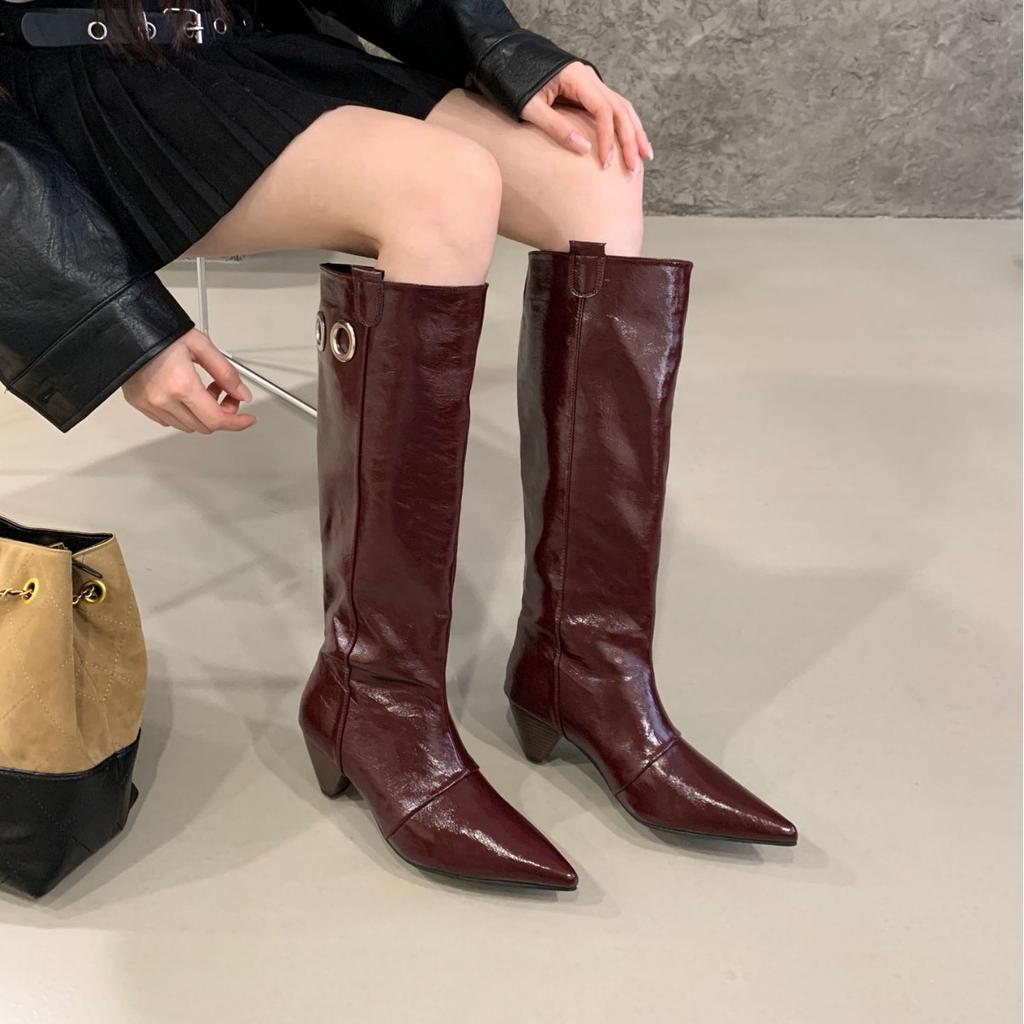 2025 autumn and winter new pointed fashion tall thick heel thin western knight boots