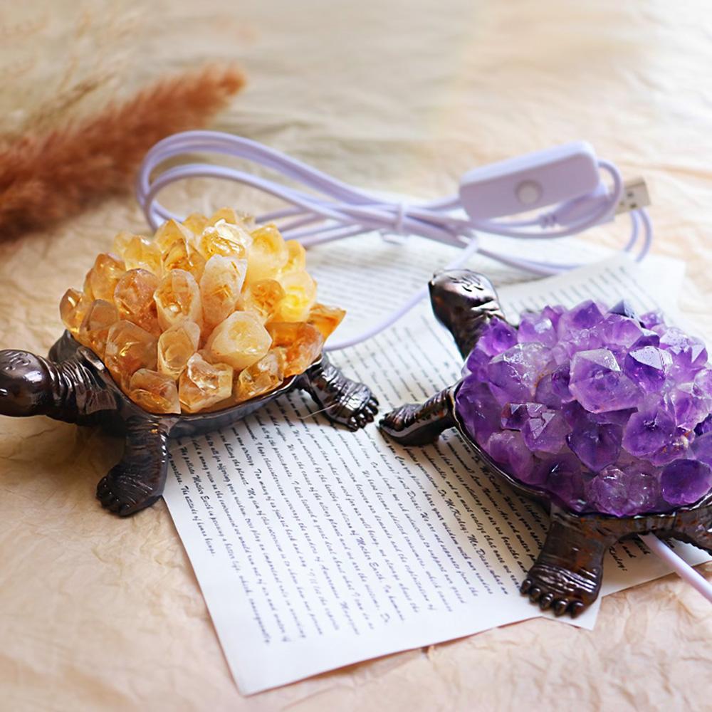 Natural Sea Turtle Crystal Lamp Water Amethyst Cluster USB Night Light Crafts Home Decorative Lights Wedding Gifts