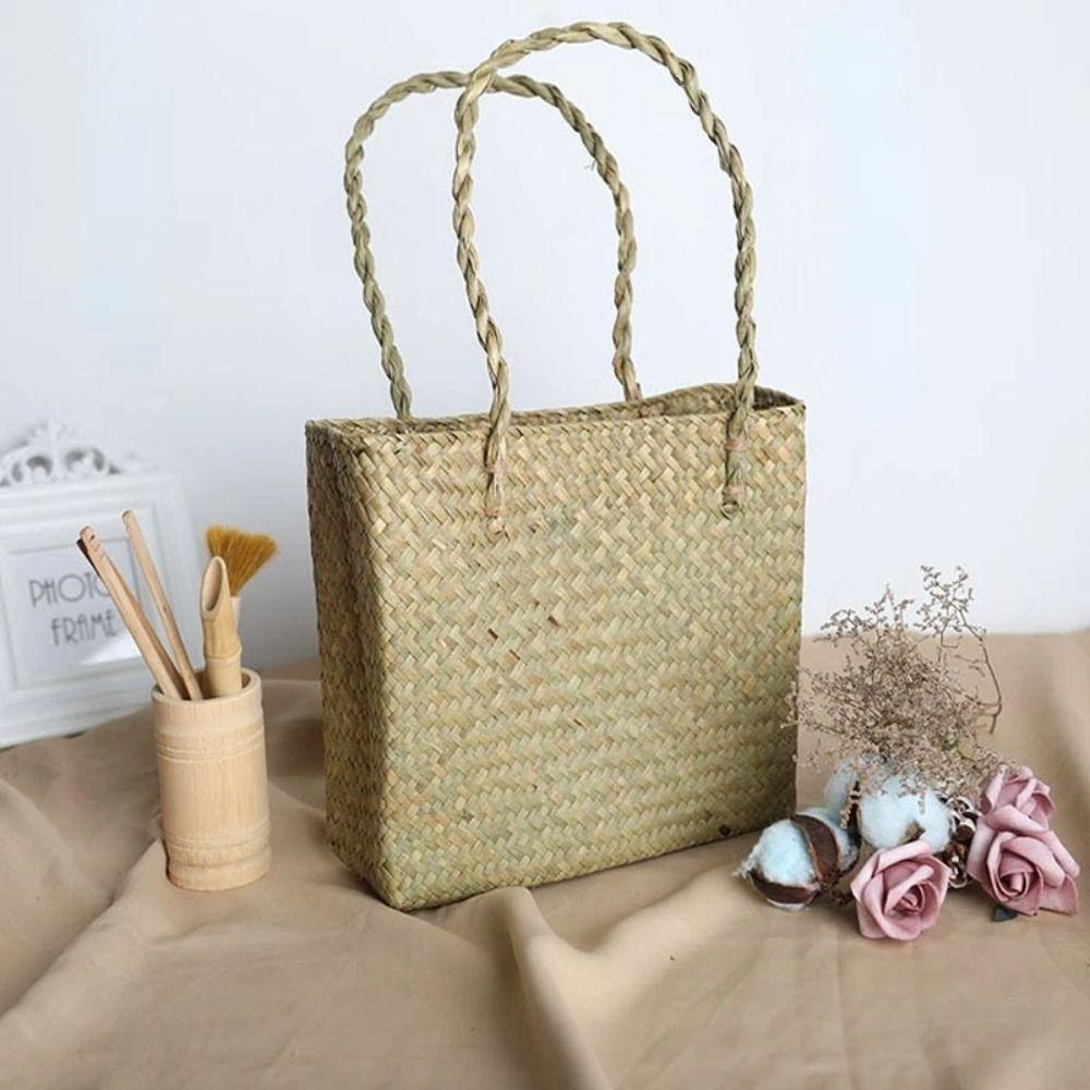 Basket Straw Tote Bags for Women Rattan Handmade Beach Hand Bags Ladies Bamboo Woven Holiday Shoulder Bag