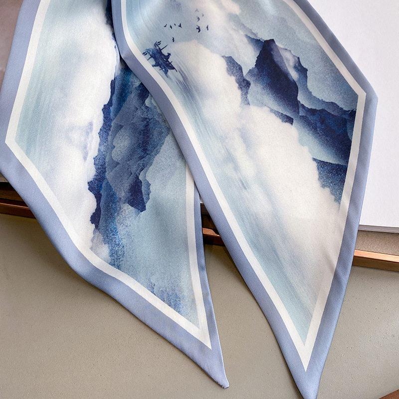 Blue oil painting neck small long silk scarf women's spring and summer shirt high-end scarf new bag headband