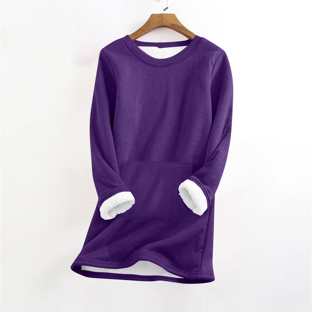 Women's Fashionable Solid Color Round Neck Long Sleeved Plush Warm Pullover Top