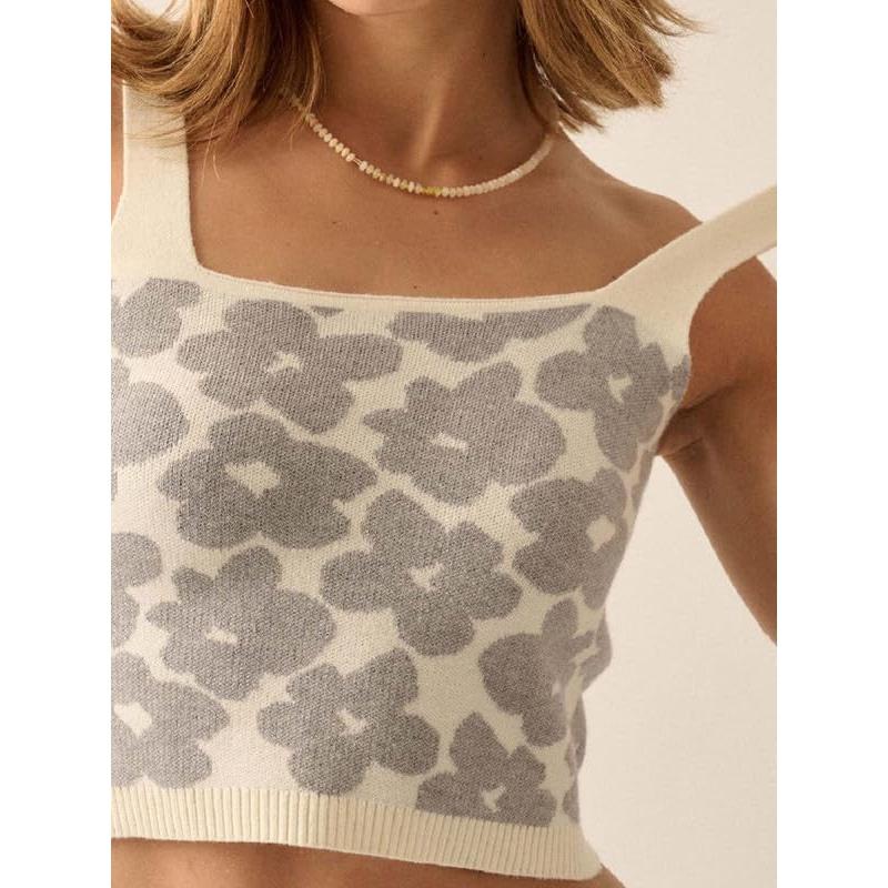 Women's Square Neck Wide Straps Floral Short Vest Sleeveless Flower Decorated Top