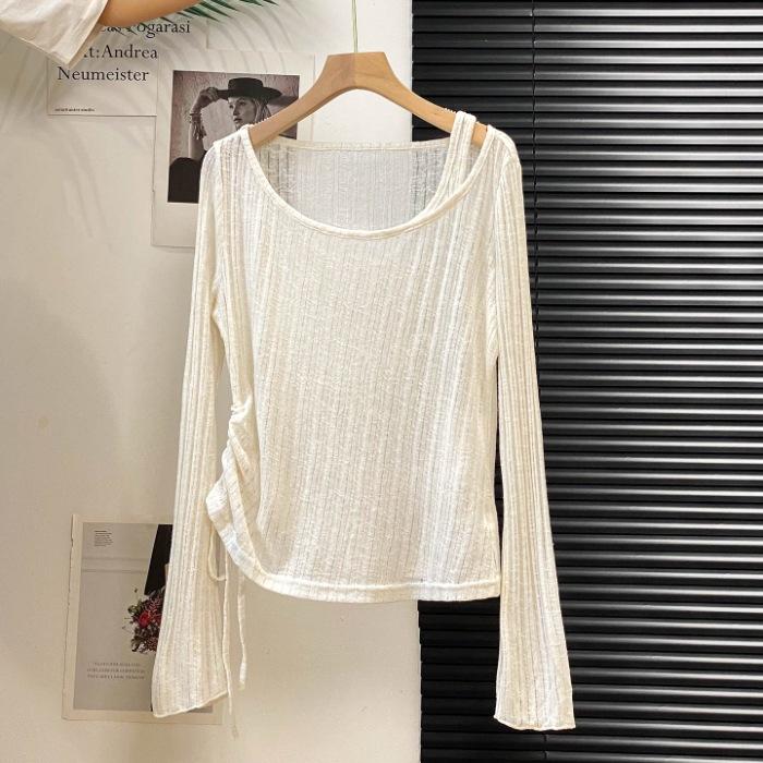 

Casual drawstring design off-the-shoulder small top, super good-looking in autumn, T-shirt inside, versatile outer blouse, bottoming shirt S абрикосовый