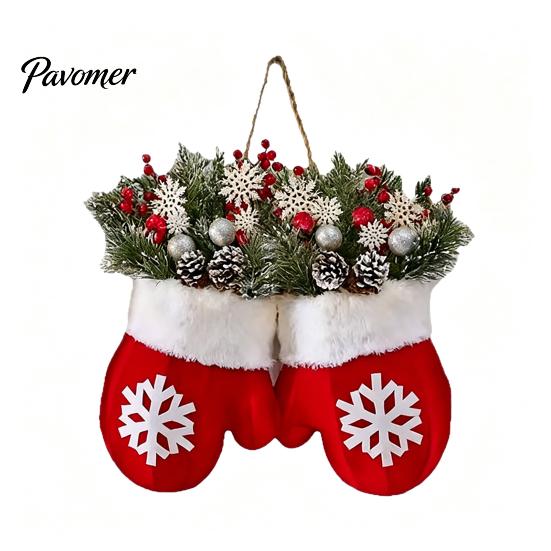 Snowflake Pattern Holiday Wreath Christmas Mitten/Stocking Wreath, Decorative Artificial with Berries Pine Cones, Garland for Wall Branches,