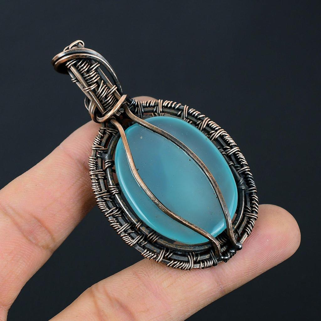 Wonderful Chalcedony Gemstone Handmade Pure Copper Wire Wrap Jewelry Pendant