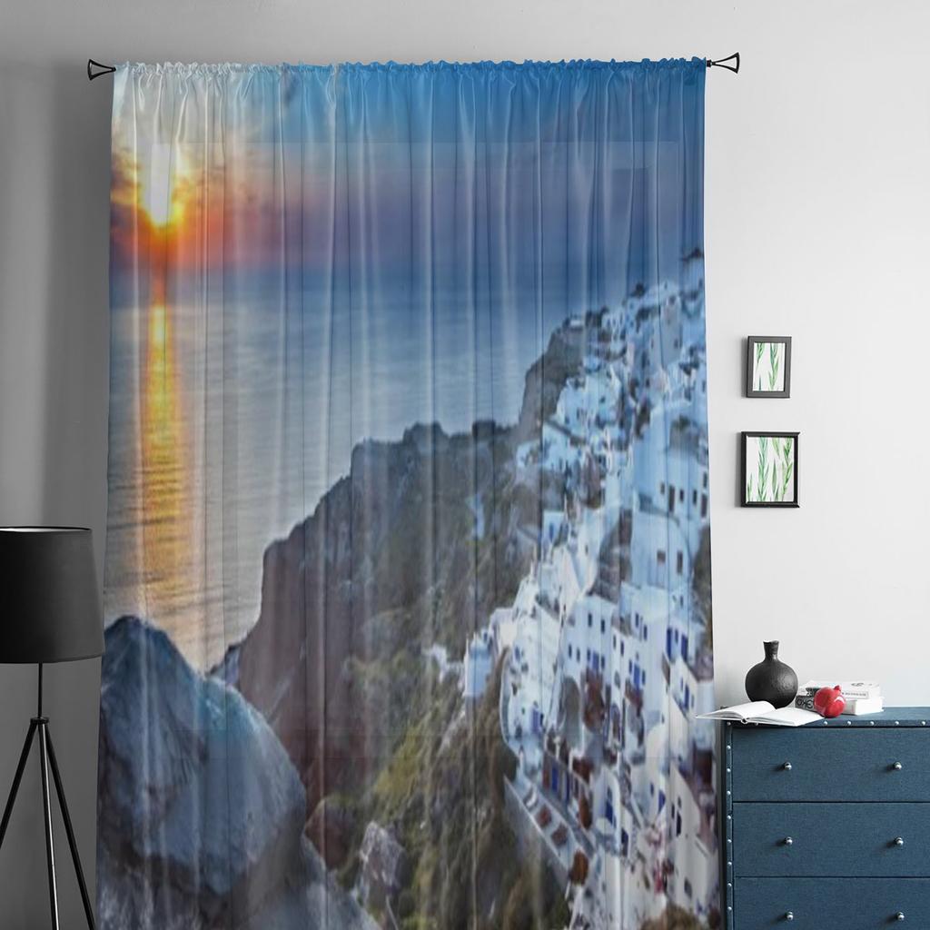 Santorini Insel in Griechenland Sonnenuntergang Chiffon Transparente Vorhänge für Wohnzimmer Schlafzimmer Küchendekoration Fenster Voiles Tüllvorhang