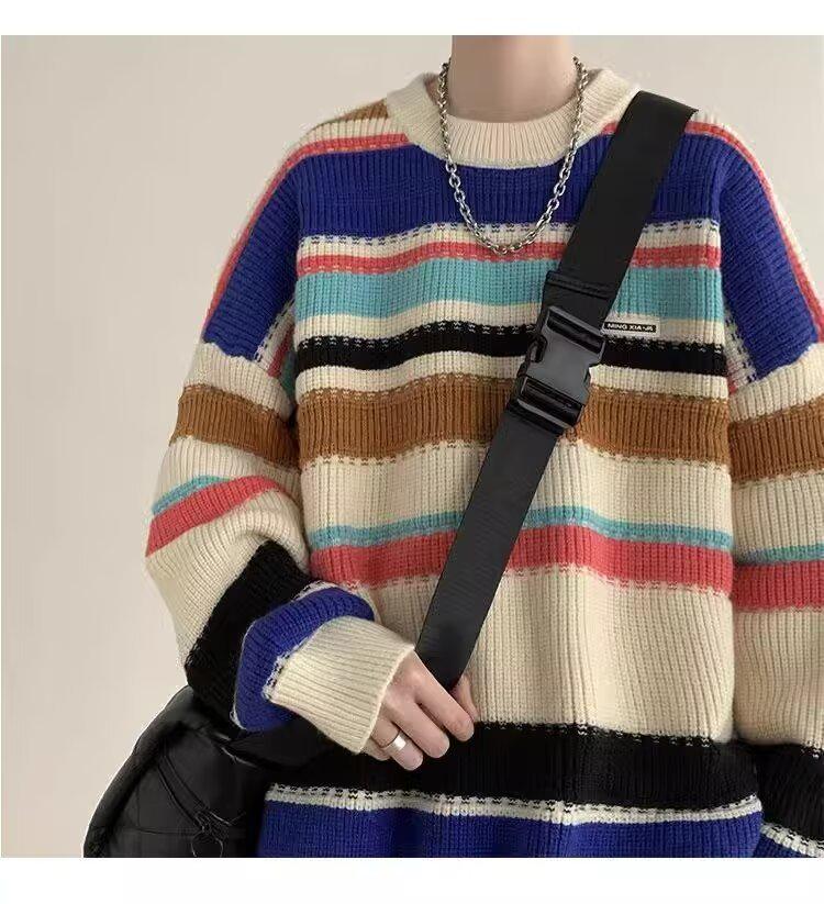 Men's Retro Rainbow Stripe Knit Sweater - Winter 2025 Casual Round Neck Style