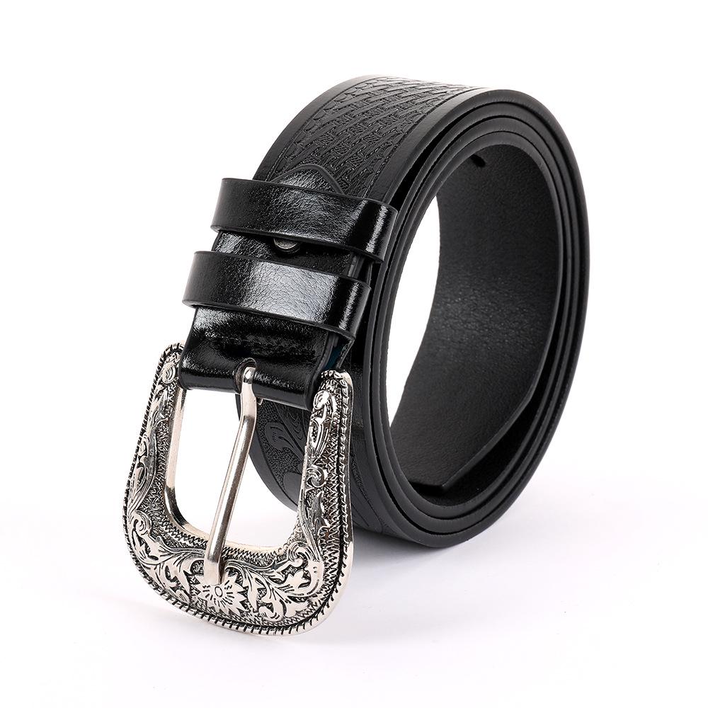 Retro Western-Style Leather Belt with Carved Metal Buckle and Embossed Design