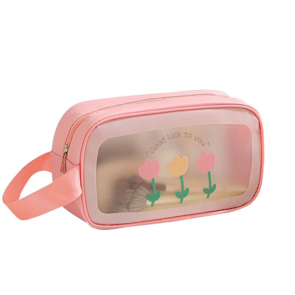 

Flower Cartoon PVC Cosmetic Bag Square Wash Pouch Cute Transparent Makeup Bag Travel S Pink