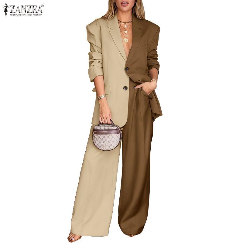 ZANZEA Damen Langarm Blazer und Hose Lässige zweiteilige Anzugsets