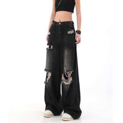 Retro High Street Ripped Jeans for Women Autumn Fashion Straight Denim Trousers Baggy Wide-leg Pants Y2k Streetwear Female