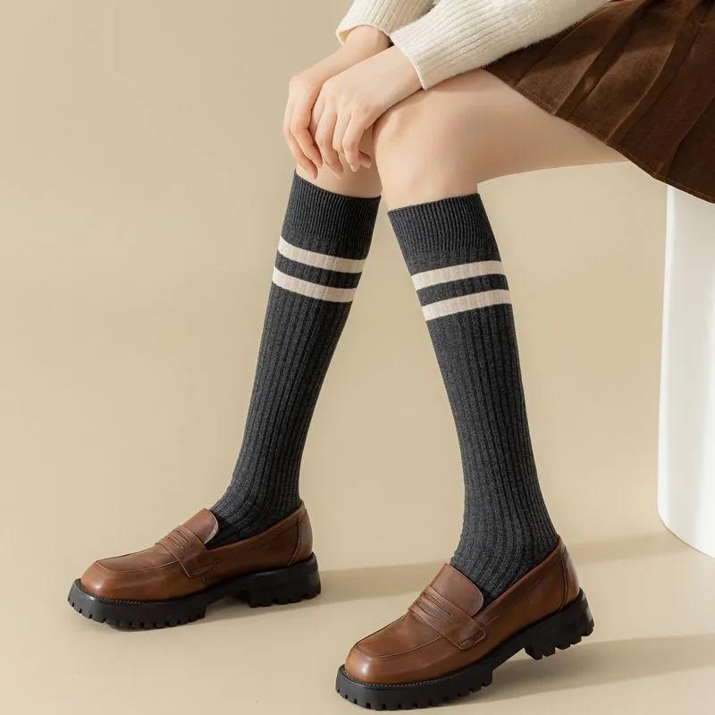 Women Striped Cotton Long Socks Japanese JK Black White Knee High Stockings Long Tube Leg Solid Color Girls Students Warm Socks