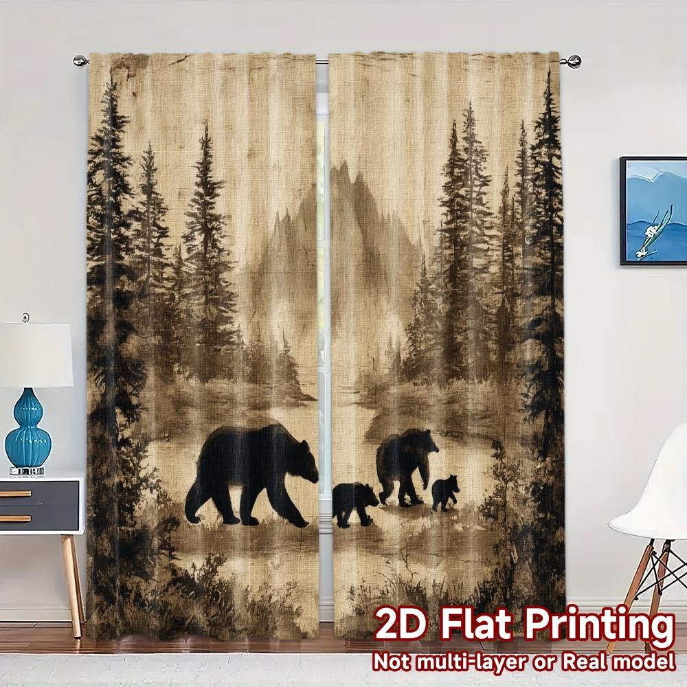 

Set Of 2 Contemporary Flat Printing Curtains Without Rod Bear Family Forest Modern Fabric Curtain Polyester Machine Washable W100*H70(CM)-Grommet top&2PCS