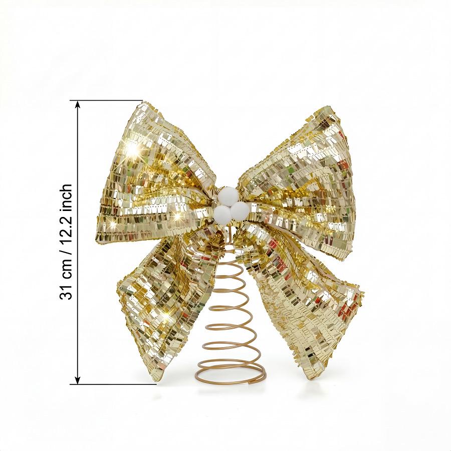 Large Shiny Sequin Bow Christmas Tree Topper with Spring Base