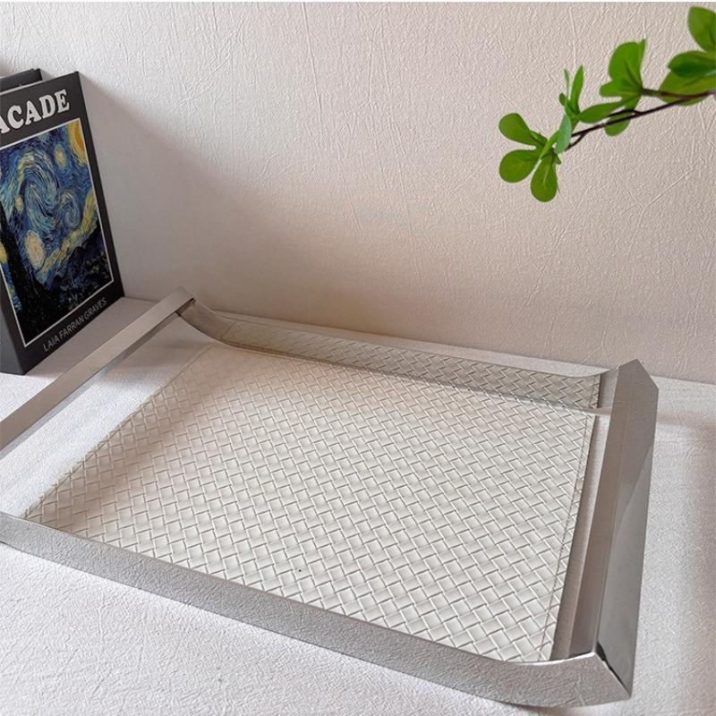 Stainless Steel Organizer Tray Leather Woven Storage Trays Modern Luxury Decorative Tray Rectangular Accessory Trays with Handle