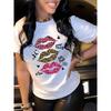 European Size Leopard Print Lip Print Women's Casual Round Neck Short Sleeve T-shirt