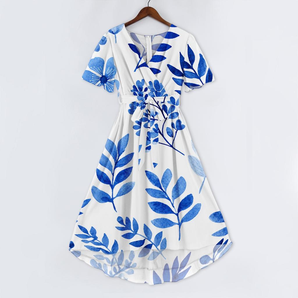 Damen Lässiges V-Ausschnitt Kurzarm Blumenprint Midi-Kleid Leichtes Sommerkleid mit A-Linien-Rock für den täglichen Gebrauch